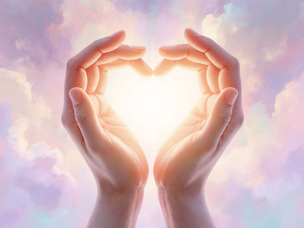 Artistic representation of self-love with hands forming heart around warm light