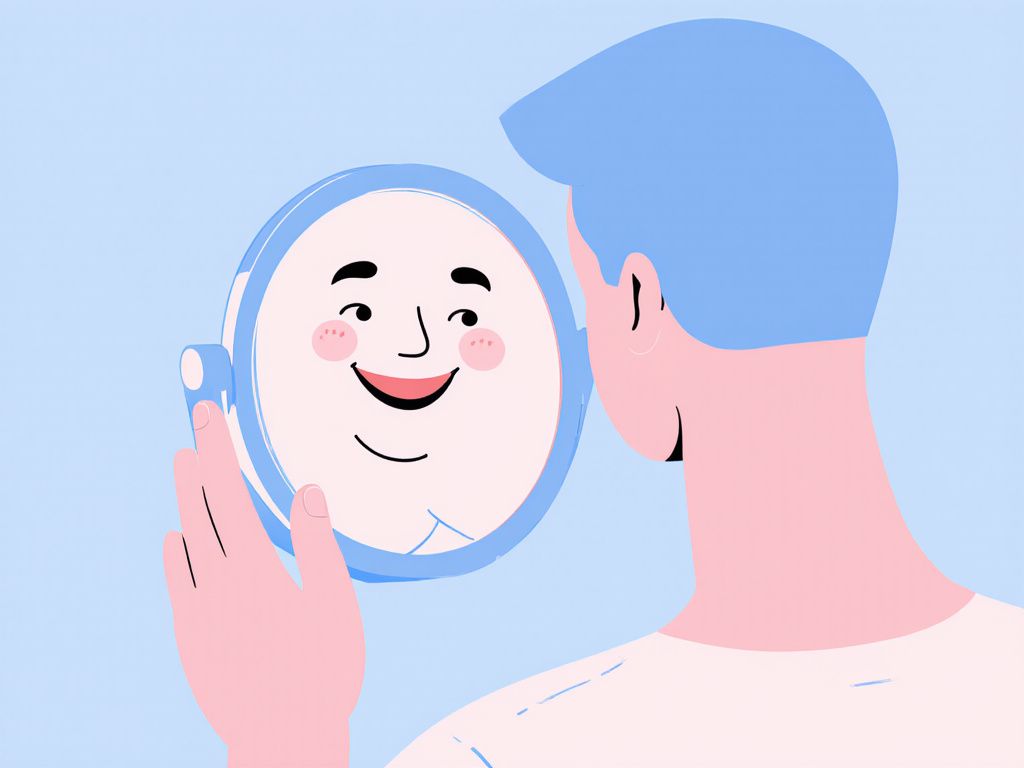 Person smiling at their reflection representing self-acceptance and positive self-image
